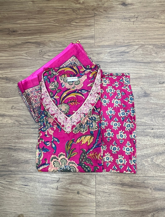 Rani Pink Garden Jaipur Cotton Kurti With Pant And Dupatta Set  .Pure Versatile Cotton. | Laces and Frills - Laces and Frills