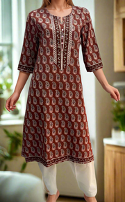 Maroon Motif Cotton Kurti. Pure Versatile Cotton. | Laces and Frills - Laces and Frills
