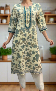 Grey/Blue Flora Cotton Kurti. Pure Versatile Cotton. | Laces and Frills - Laces and Frills