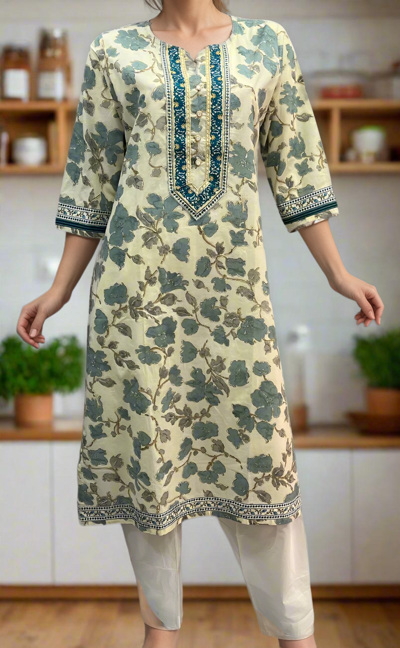 Grey/Blue Flora Cotton Kurti. Pure Versatile Cotton. | Laces and Frills - Laces and Frills