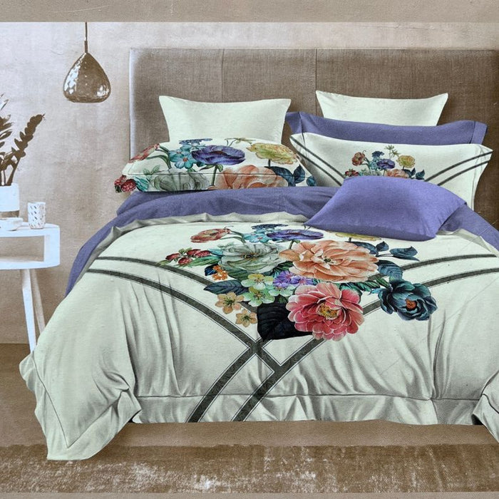 Off White/Lavender Floral Double Bedsheet with Pillow Covers/108" x 108" - Laces and Frills