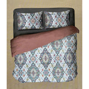 White/Peach Ajrakh Print Double Bedsheet with Pillow Covers/108" x 108" - Laces and Frills