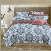 White/Peach Ajrakh Print Double Bedsheet with Pillow Covers/108" x 108" - Laces and Frills