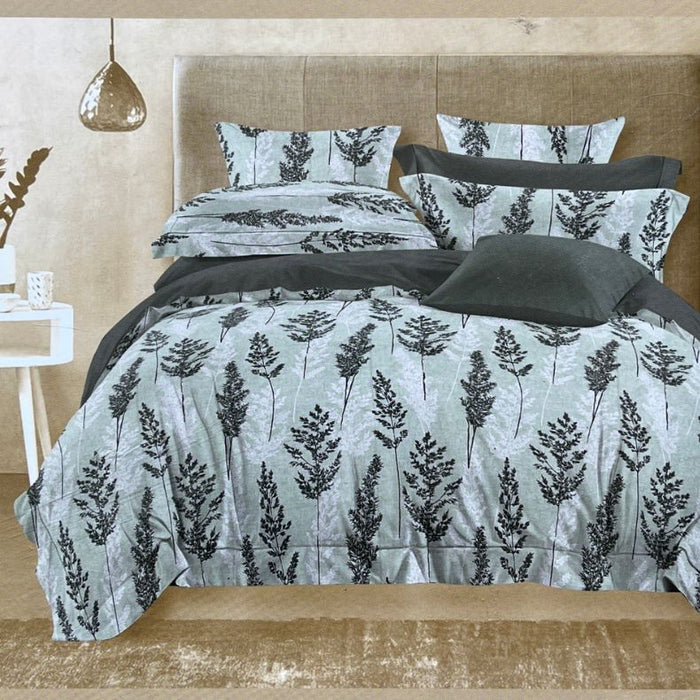 Grey/Black Leafy Double Bedsheet with Pillow Covers/108" x 108" - Laces and Frills