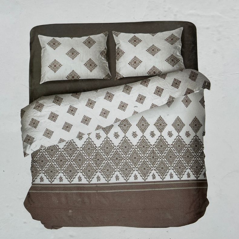 Off White/Brown Abstract Double Bedsheet with Pillow Covers/108" x 108" - Laces and Frills