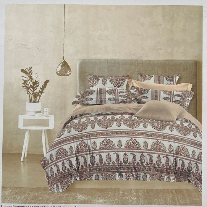 Off White/Red/Green Ajrakh Print Double Bedsheet with Pillow Covers/108" x 108" - Laces and Frills