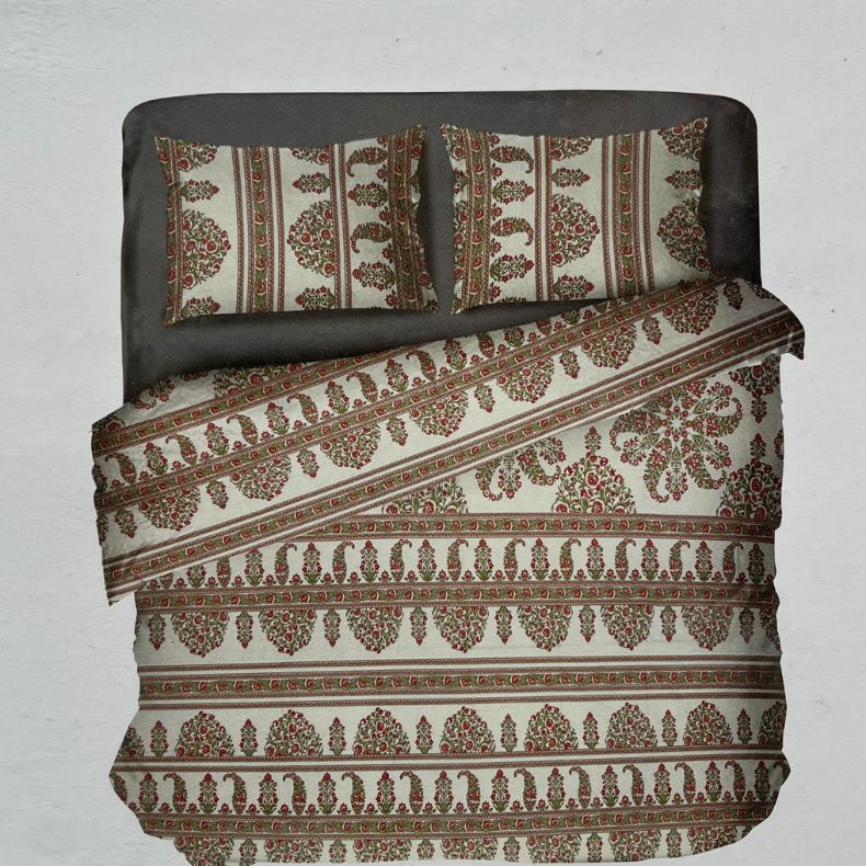 Off White/Red/Green Ajrakh Print Double Bedsheet with Pillow Covers/108" x 108" - Laces and Frills