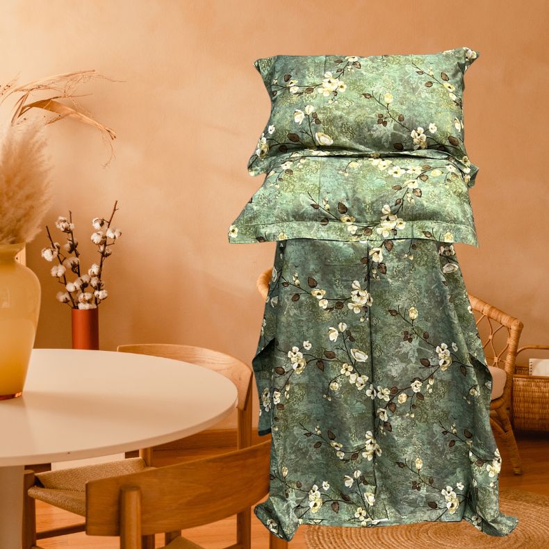 Dark Green Floral Double Bedsheet with Pillow Covers/108" x 108" - Laces and Frills