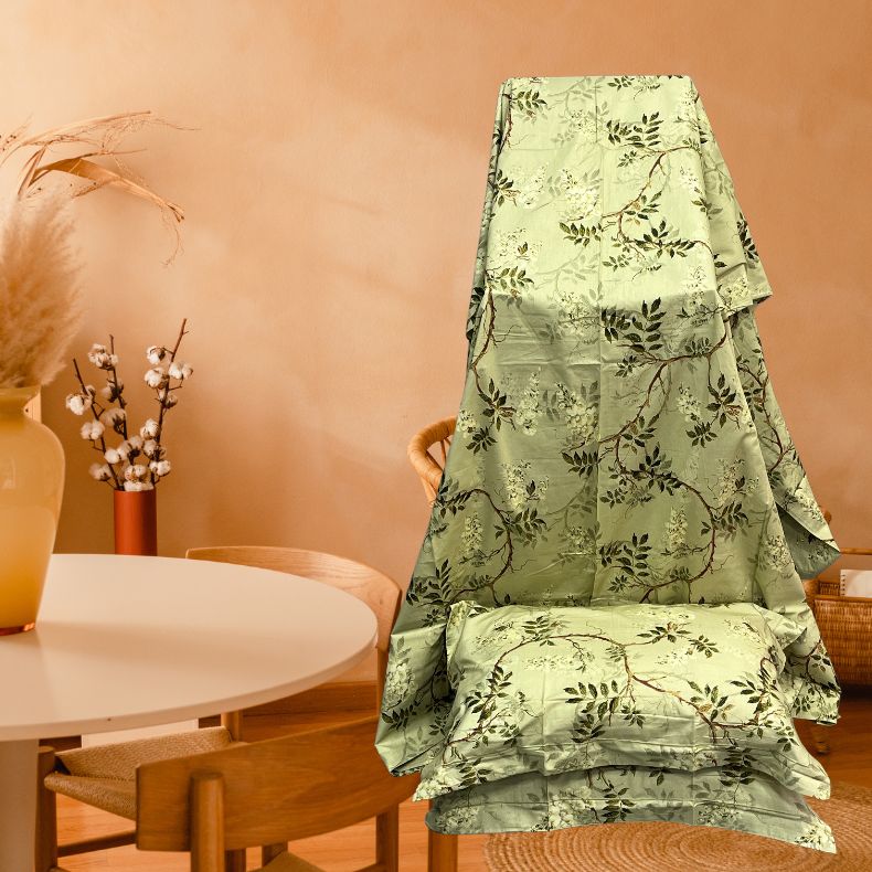 Pista Green Floral Double Bedsheet with Pillow Covers/108" x 108" - Laces and Frills