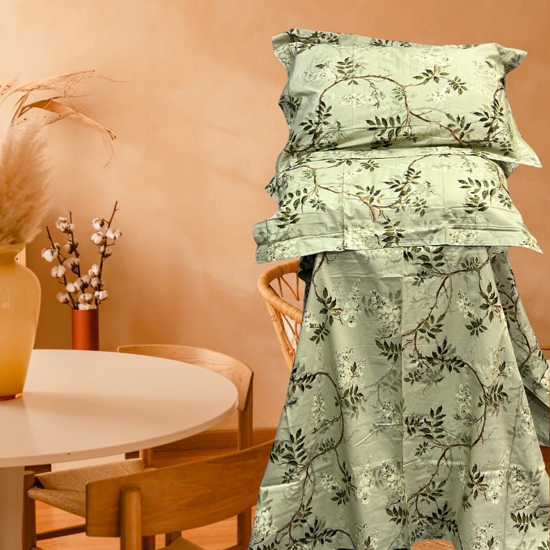 Pista Green Floral Double Bedsheet with Pillow Covers/108" x 108" - Laces and Frills