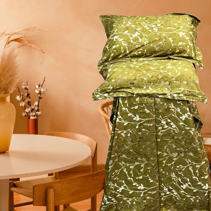 Olive Green Floral Double Bedsheet with Pillow Covers/108" x 108" - Laces and Frills