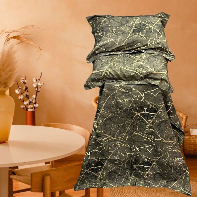 Dark Grey Floral Double Bedsheet with Pillow Covers/108" x 108" - Laces and Frills