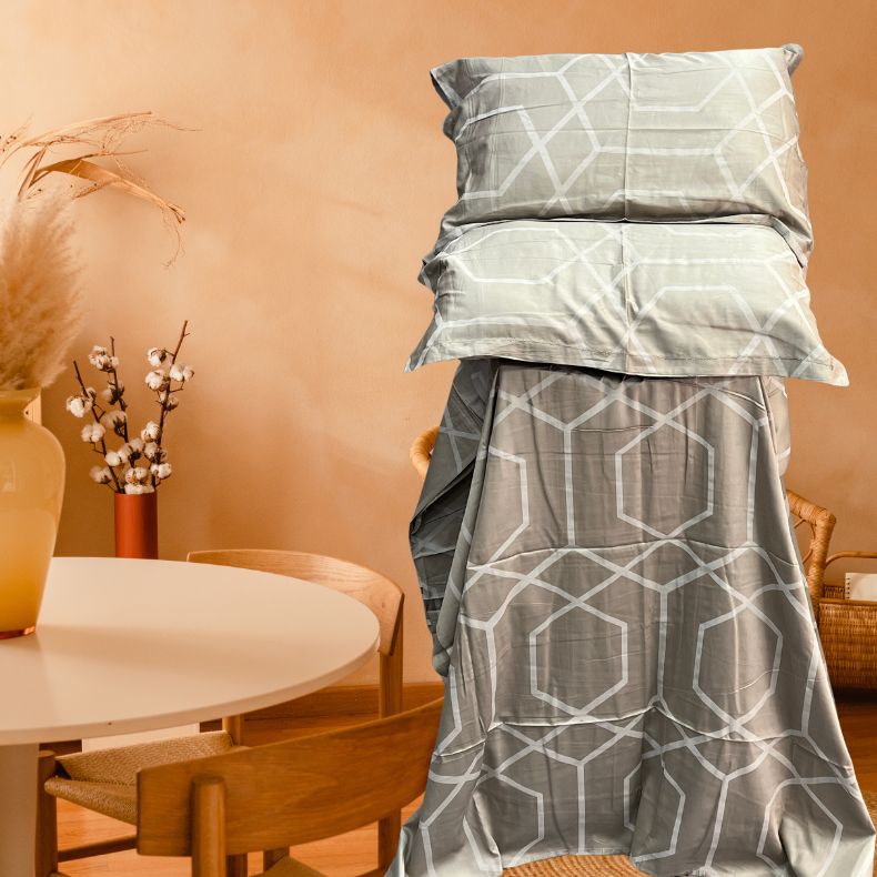 Beige Abstract Double Bedsheet with Pillow Covers/108" x 108" - Laces and Frills