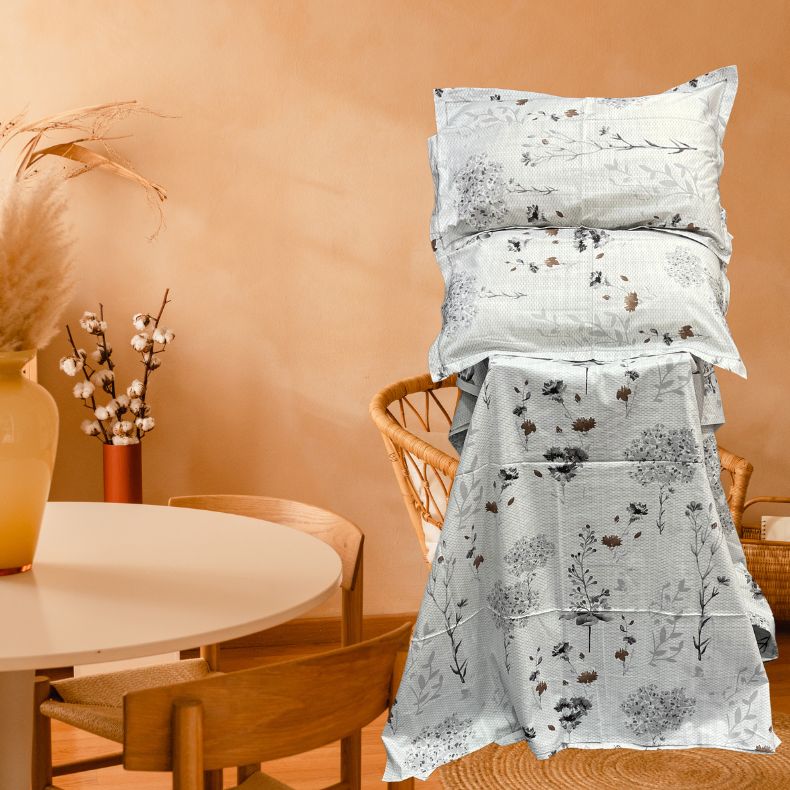 White/Brown Garden Double Bedsheet with Pillow Covers/108" x 108" - Laces and Frills