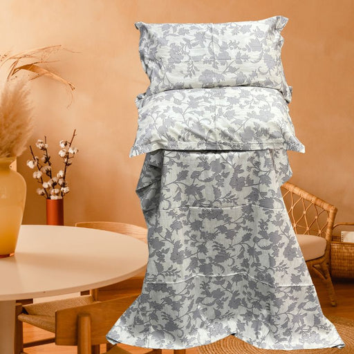 White/Grey Leafy Double Bedsheet with Pillow Covers/108" x 108" - Laces and Frills