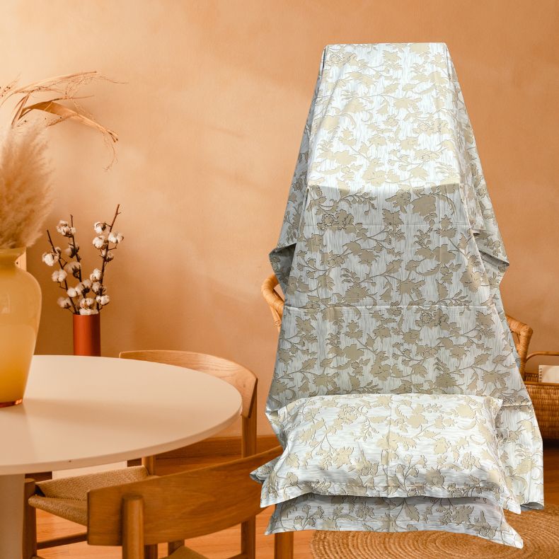 White/Cream Leafy Double Bedsheet with Pillow Covers/108" x 108" - Laces and Frills