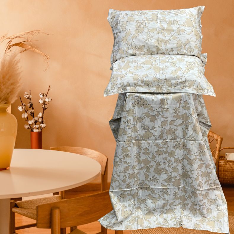 White/Cream Leafy Double Bedsheet with Pillow Covers/108" x 108" - Laces and Frills