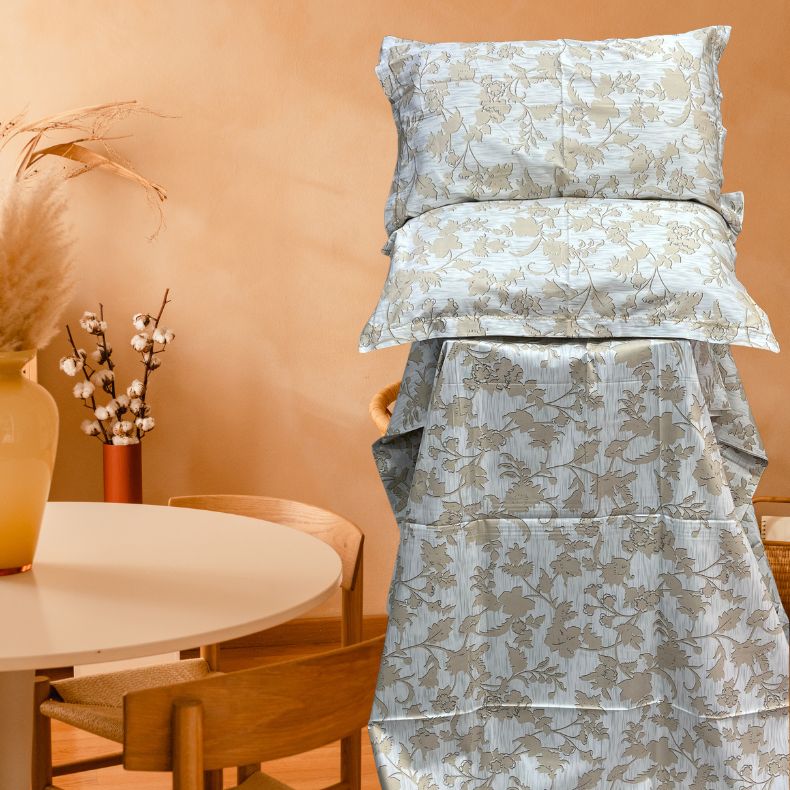 White/Cream Leafy Double Bedsheet with Pillow Covers/108" x 108" - Laces and Frills