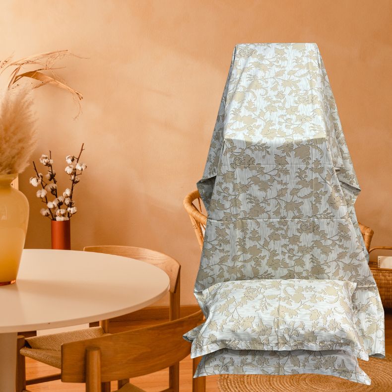 White/Cream Leafy Double Bedsheet with Pillow Covers/108" x 108" - Laces and Frills