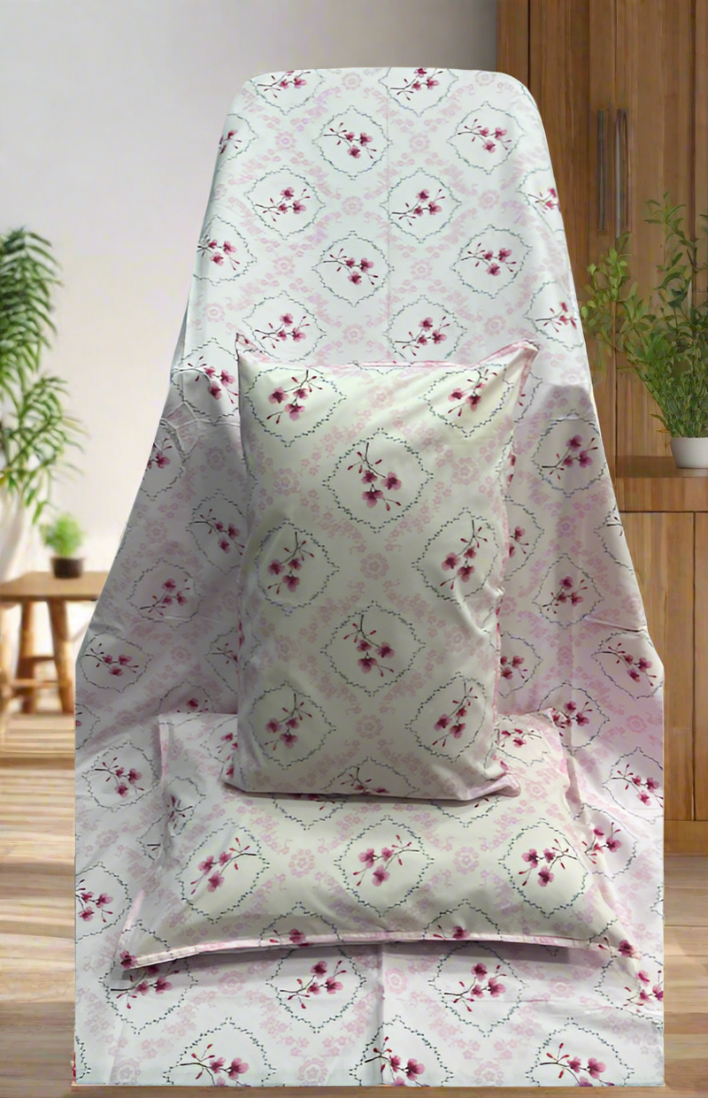 Light Pink Garden Double Bedsheet with Pillow Covers/90" x 108" - Laces and Frills
