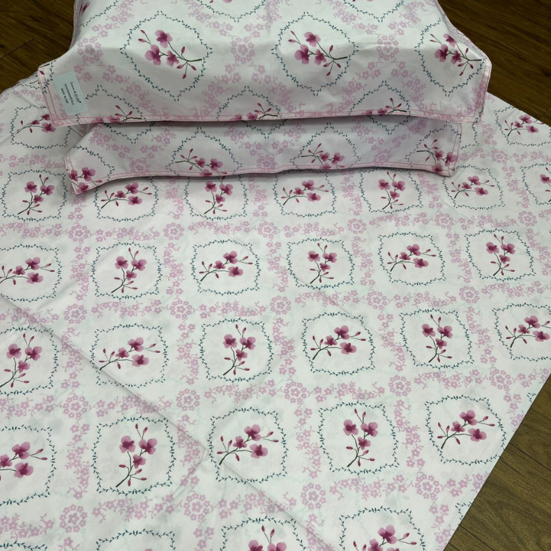 Light Pink Garden Double Bedsheet with Pillow Covers/90" x 108" - Laces and Frills