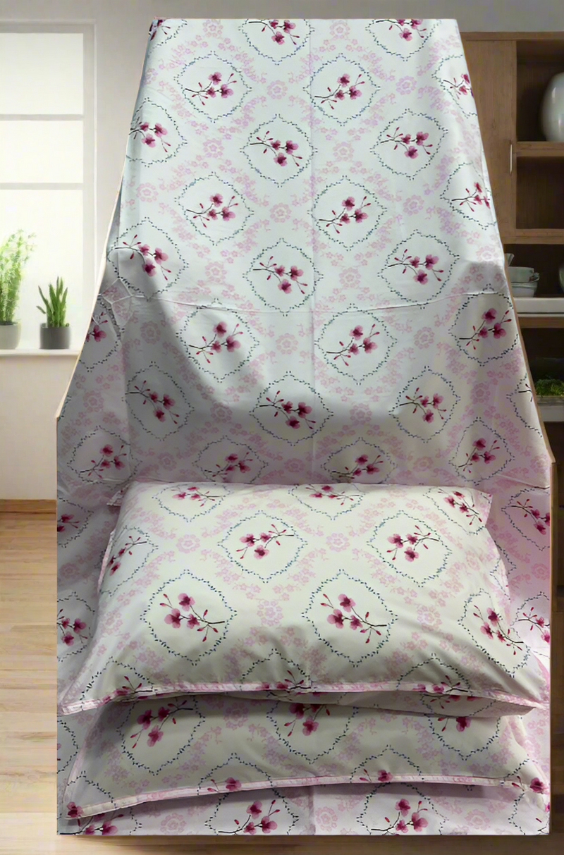 Light Pink Garden Double Bedsheet with Pillow Covers/90" x 108" - Laces and Frills