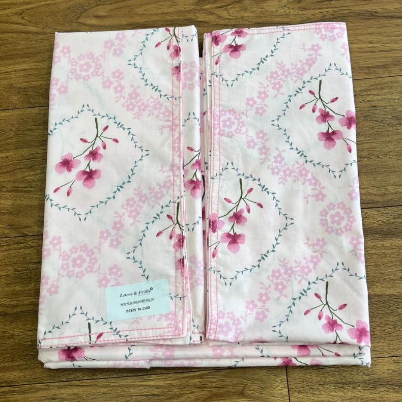 Light Pink Garden Double Bedsheet with Pillow Covers/90" x 108" - Laces and Frills