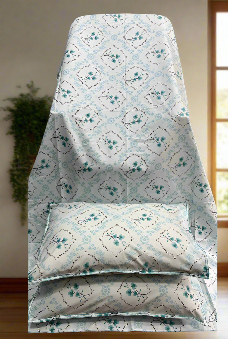 Sea Green Garden Double Bedsheet with Pillow Covers/90" x 108" - Laces and Frills
