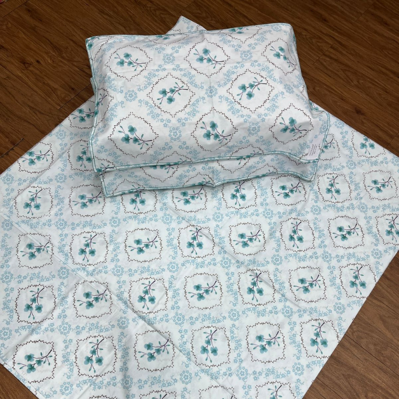 Sea Green Garden Double Bedsheet with Pillow Covers/90" x 108" - Laces and Frills
