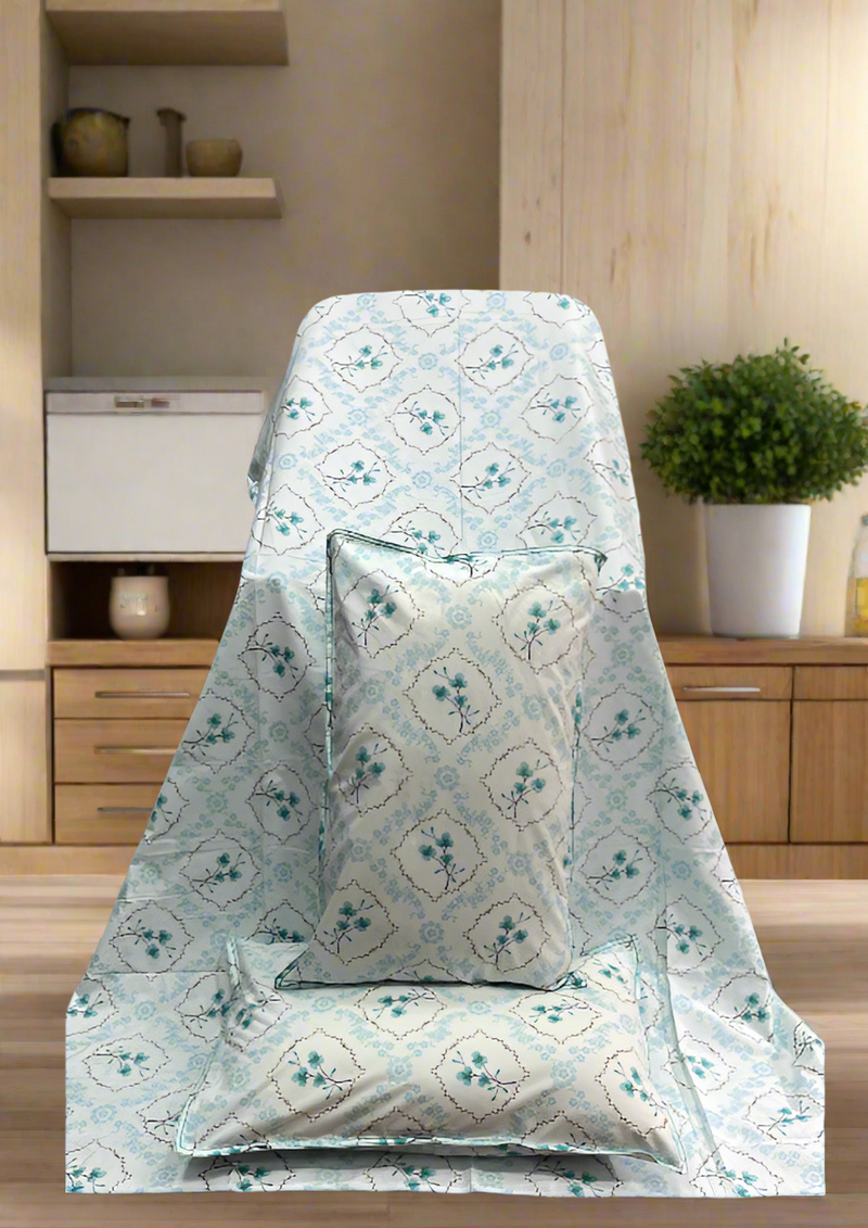 Sea Green Garden Double Bedsheet with Pillow Covers/90" x 108" - Laces and Frills