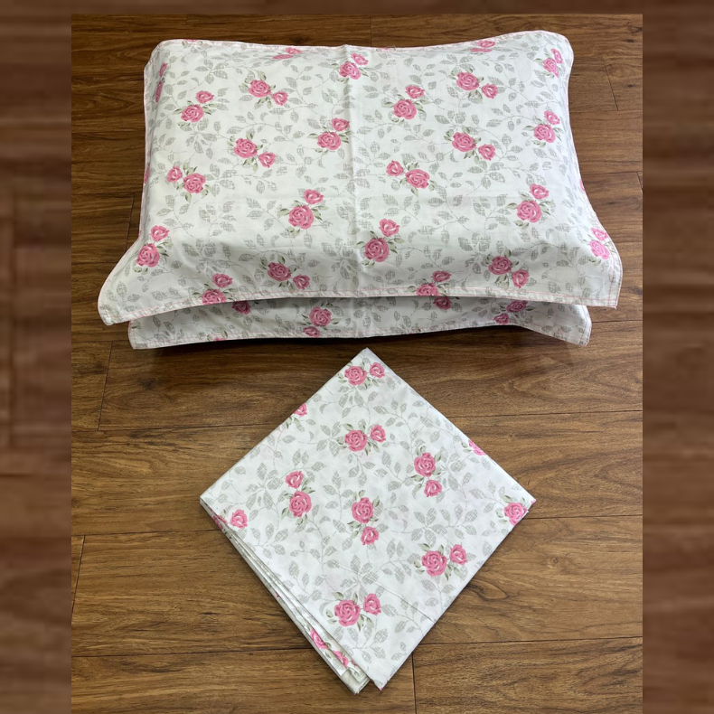Pink Floral Double Bedsheet with Pillow Covers/90" x 108" - Laces and Frills