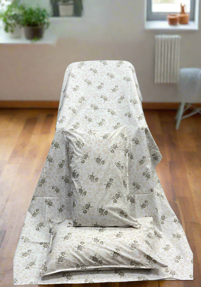 Grey Floral Double Bedsheet with Pillow Covers/90" x 108" - Laces and Frills