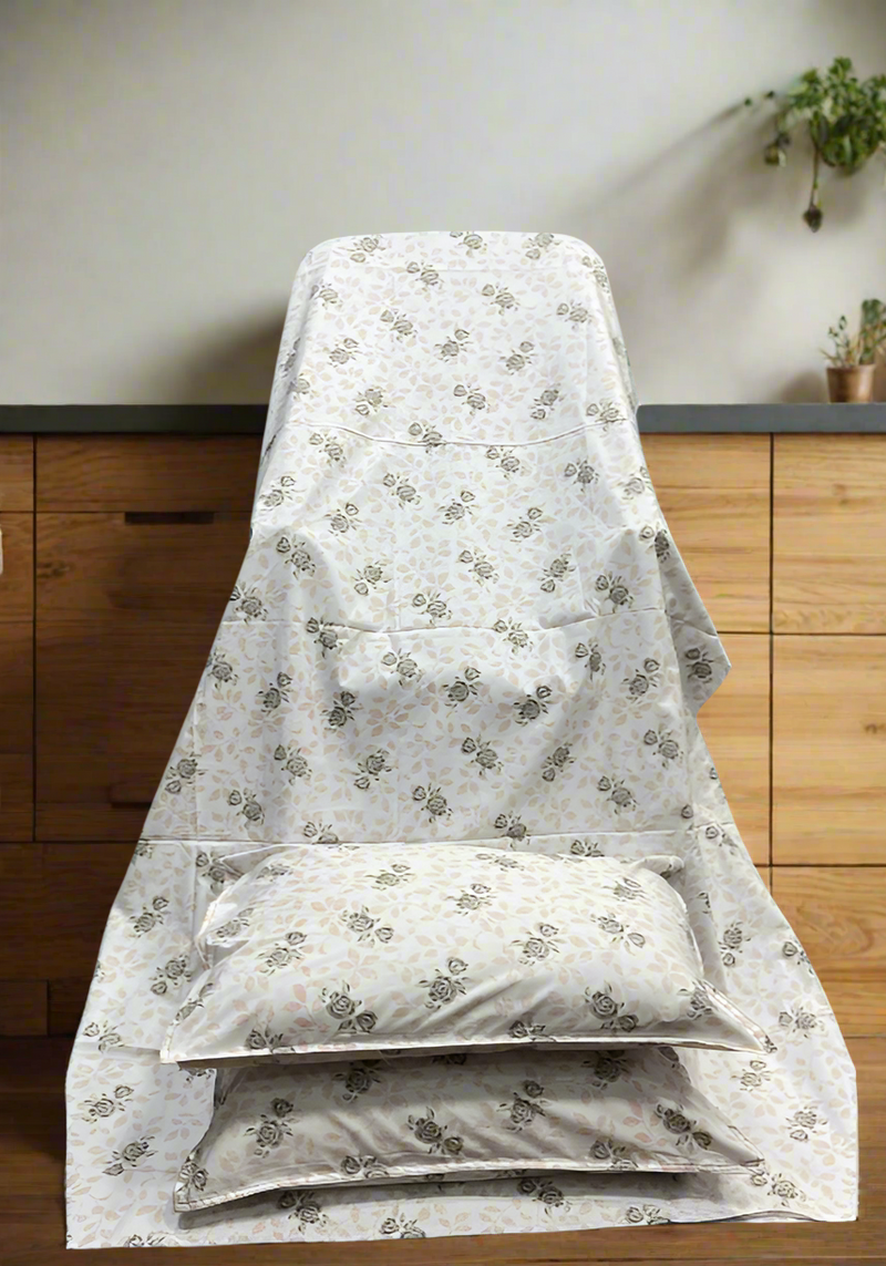 Grey Floral Double Bedsheet with Pillow Covers/90" x 108" - Laces and Frills