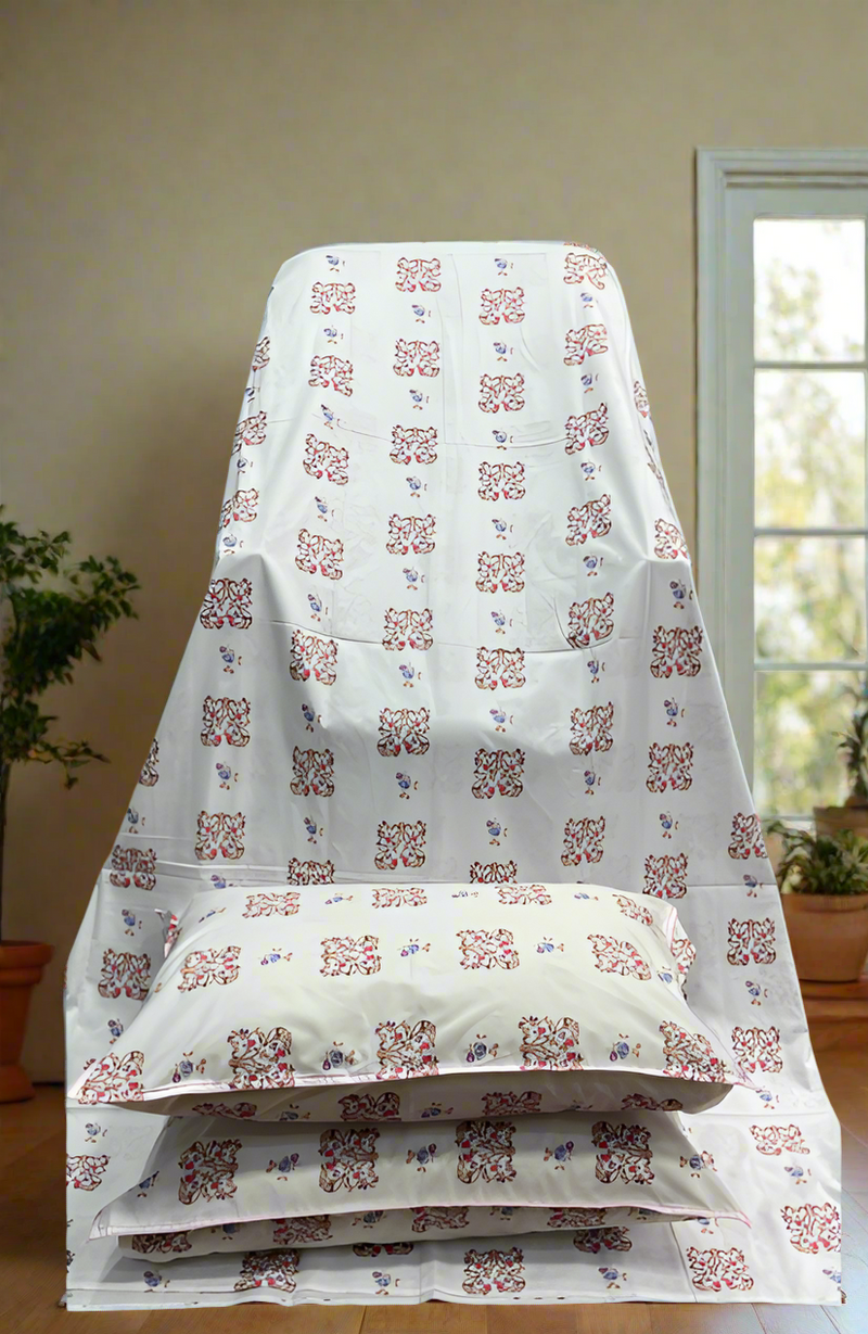 White/Beige/Red Floral Double Bedsheet with Pillow Covers/90" x 108" - Laces and Frills