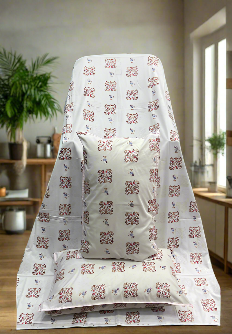 White/Beige/Red Floral Double Bedsheet with Pillow Covers/90" x 108" - Laces and Frills