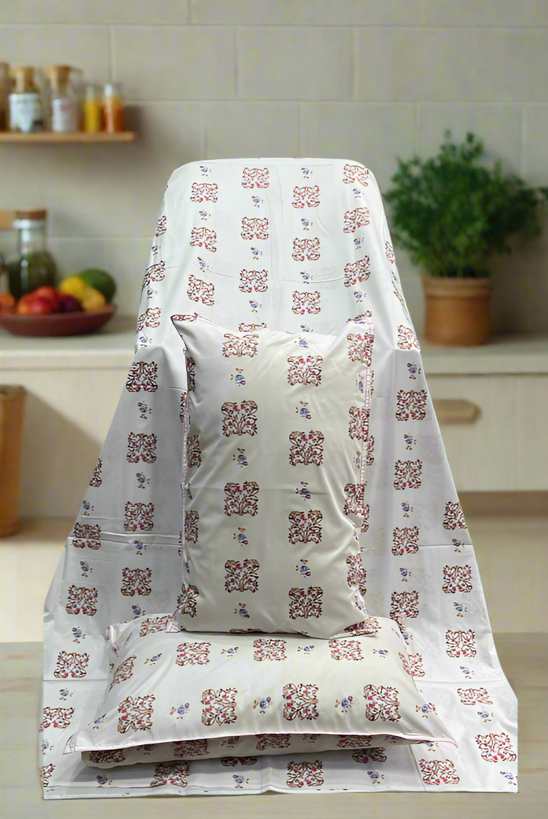 White/Beige/Red Floral Double Bedsheet with Pillow Covers/90" x 108" - Laces and Frills