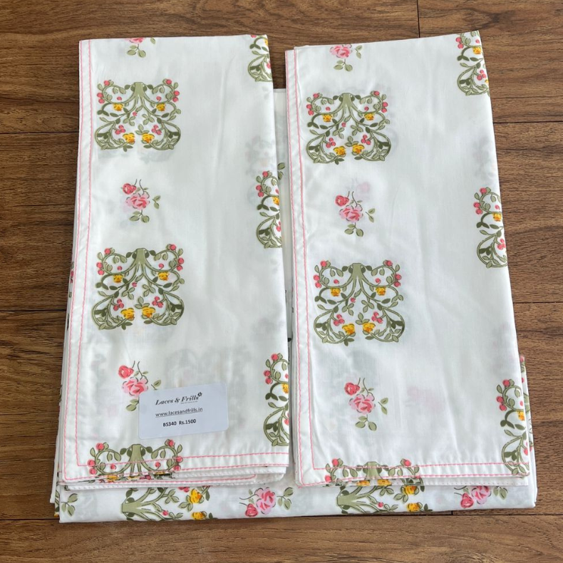 White/Green/Red Floral Double Bedsheet with Pillow Covers/90" x 108" - Laces and Frills
