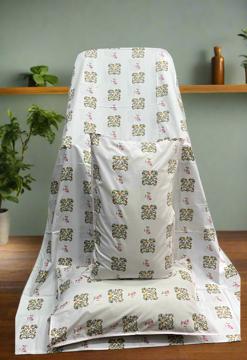 White/Green/Red Floral Double Bedsheet with Pillow Covers/90" x 108" - Laces and Frills