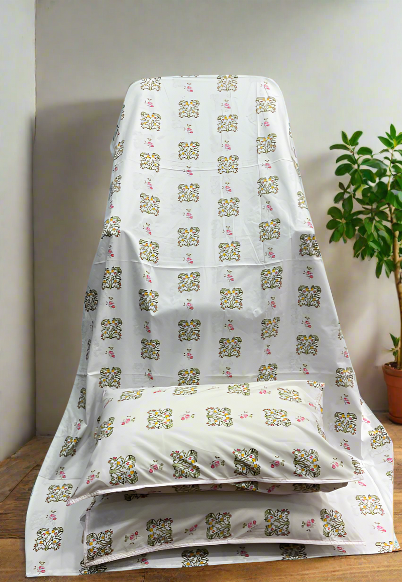 White/Green/Red Floral Double Bedsheet with Pillow Covers/90" x 108" - Laces and Frills