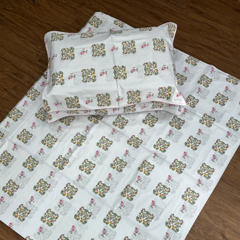 White/Green/Red Floral Double Bedsheet with Pillow Covers/90" x 108" - Laces and Frills