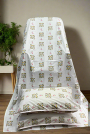 White/Green/Red Floral Double Bedsheet with Pillow Covers/90" x 108" - Laces and Frills