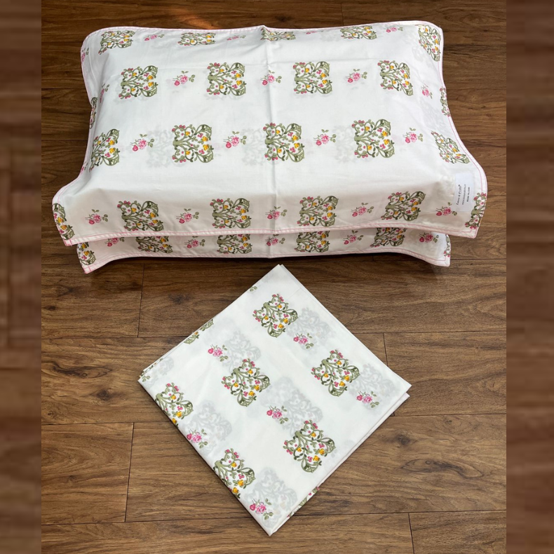 White/Green/Red Floral Double Bedsheet with Pillow Covers/90" x 108" - Laces and Frills