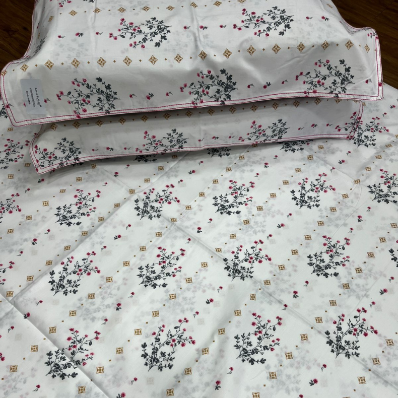 White/Pink Floral Double Bedsheet with Pillow Covers/90" x 108" - Laces and Frills