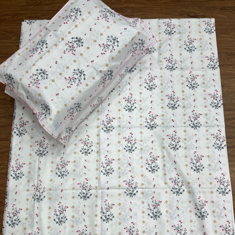 White/Pink Floral Double Bedsheet with Pillow Covers/90" x 108" - Laces and Frills