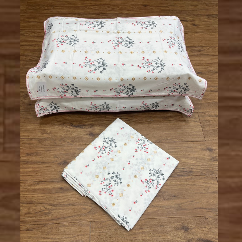 White/Pink Floral Double Bedsheet with Pillow Covers/90" x 108" - Laces and Frills