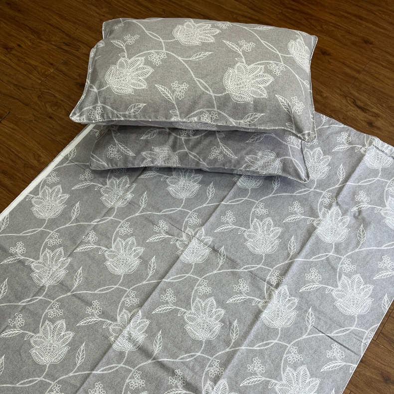Grey Floral Double Bedsheet with Pillow Covers/90" x 108" - Laces and Frills
