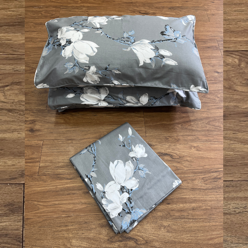 Grey Floral Garden Double Bedsheet with Pillow Covers/90" x 108" - Laces and Frills