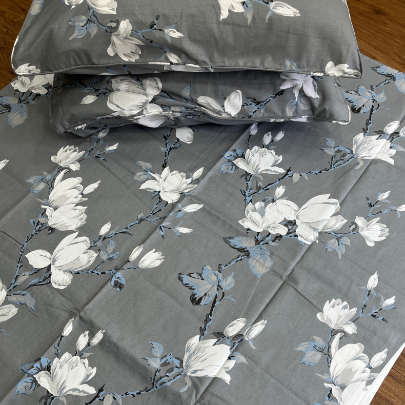 Grey Floral Garden Double Bedsheet with Pillow Covers/90" x 108" - Laces and Frills