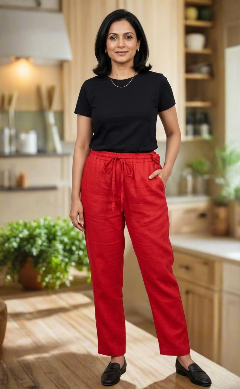 Red Straight Pants . Pure Cotton Fabric | Laces and Frills