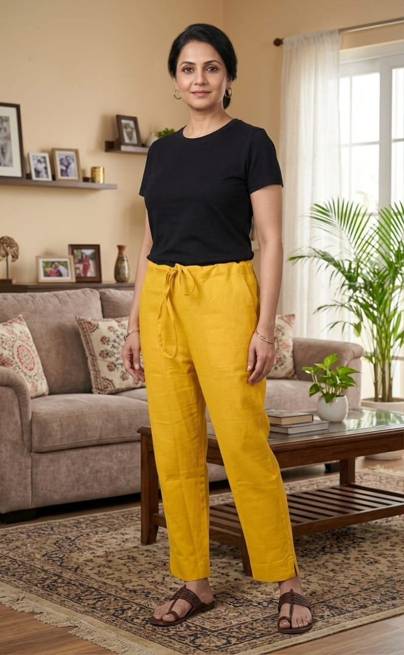 Lemon Yellow Straight Pants . Pure Cotton Fabric | Laces and Frills